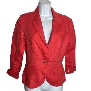 Olivia Moon Red Linen Blazer size Small with Notched Lapel & Ruched Sleeves ❤️❤️
